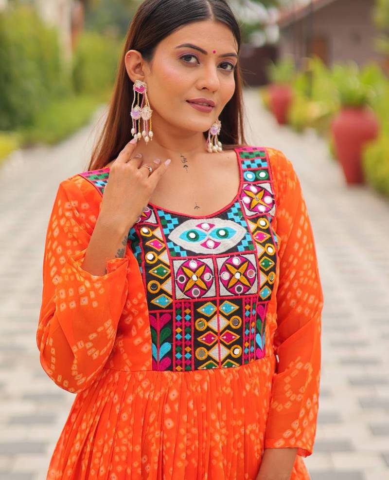 Orange festive wear designer faux georgette embroidery thread work with real mirror work readymade suit