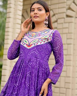 Purple festive wear designer faux georgette embroidery thread work with real mirror work readymade suit 4