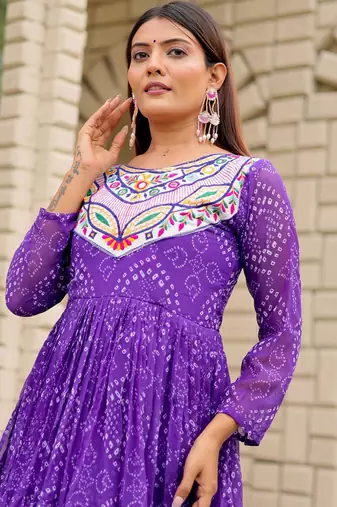 Purple festive wear designer faux georgette embroidery thread work with real mirror work readymade suit