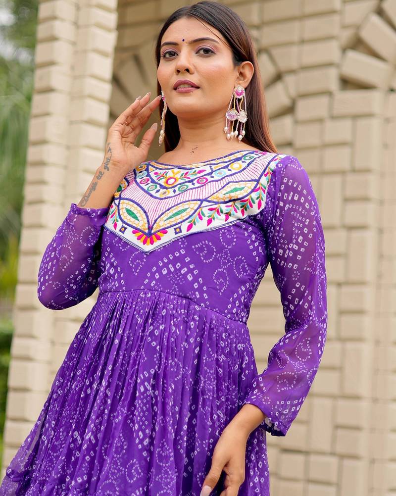 Purple festive wear designer faux georgette embroidery thread work with real mirror work readymade suit
