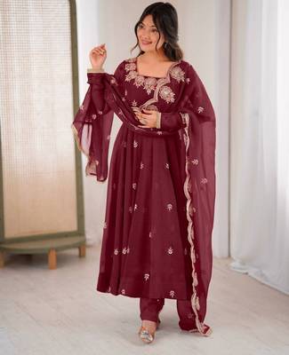 Maroon festive wear designer crunchy silk embroidery sequence work readymade suit 1