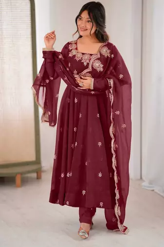 Maroon festive wear designer crunchy silk embroidery sequence work readymade suit