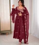 Maroon festive wear designer crunchy silk embroidery sequence work readymade suit