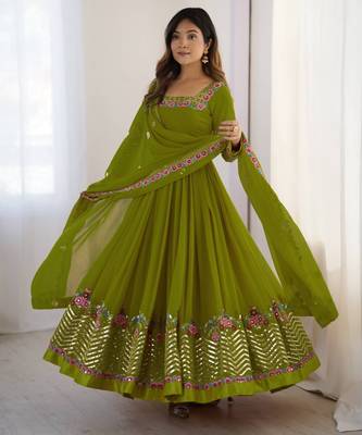 Green festive wear designer heavy georgette heavy multi thread 5mm embroidery sequence work readymade suit 1