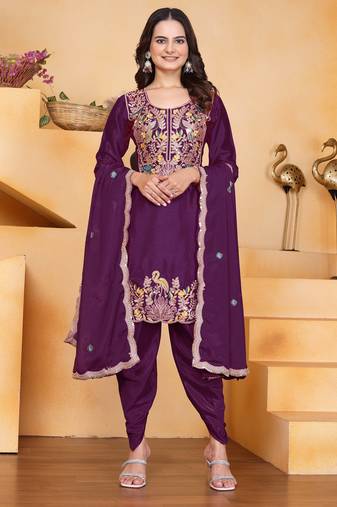 Wine festive wear designer chinon coding sequence embroidery work readymade suit