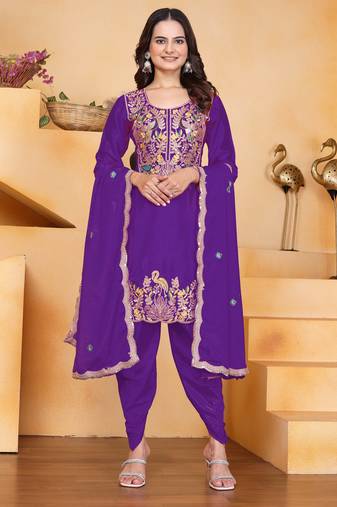 Purple festive wear designer chinon coding sequence embroidery work readymade suit
