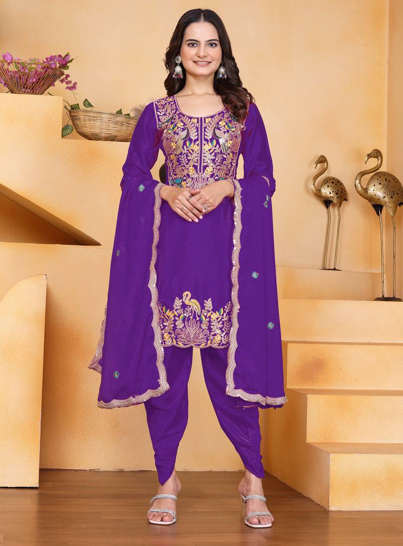 Purple festive wear designer chinon coding sequence embroidery work readymade suit