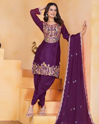 Wine festive wear designer chinon coding sequence embroidery work readymade suit 2