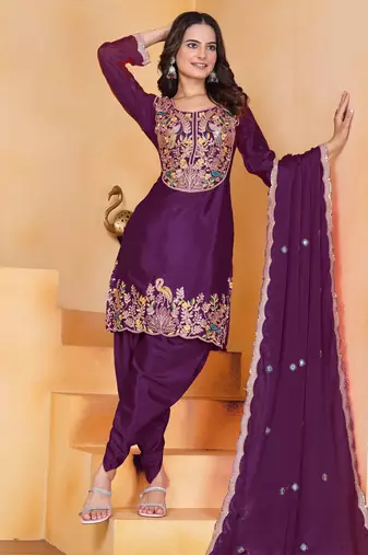 Wine festive wear designer chinon coding sequence embroidery work readymade suit