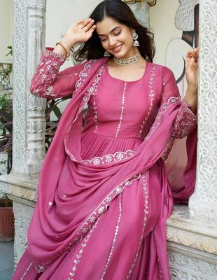 Pink festive wear designer star georgette heavy 7mm sequence embroidery work readymade suit 3