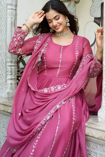Pink festive wear designer star georgette heavy 7mm sequence embroidery work readymade suit