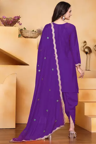 Purple festive wear designer chinon coding sequence embroidery work readymade suit