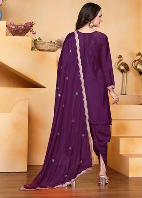 Wine festive wear designer chinon coding sequence embroidery work readymade suit 3