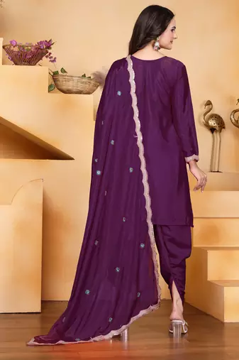 Wine festive wear designer chinon coding sequence embroidery work readymade suit