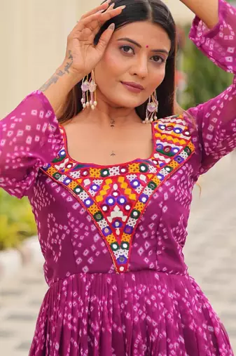 Purple festive wear designer faux georgette gamathi work with real mirror readymade suit