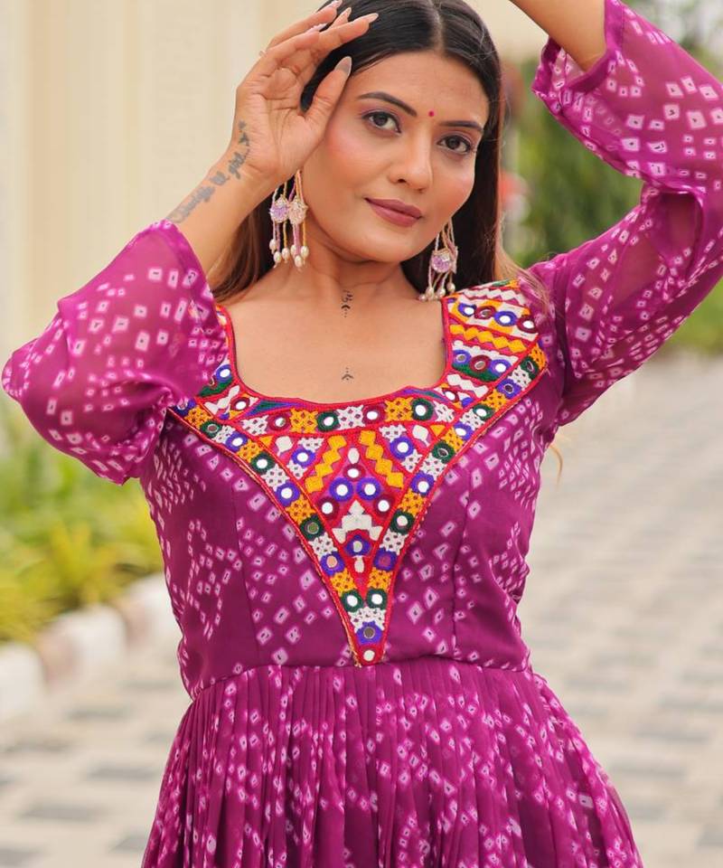 Purple festive wear designer faux georgette gamathi work with real mirror readymade suit