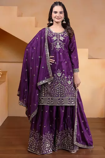 Purple festive wear designer chinon sequence embroidery work readymade suit