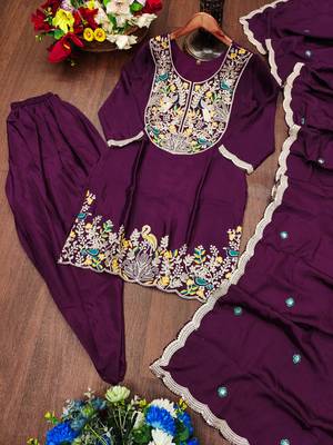 Wine festive wear designer chinon coding sequence embroidery work readymade suit 4