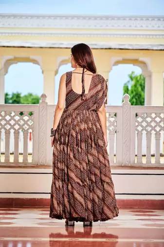 Brown festive wear designer bandhni print in faux georgette gamathi work with real mirror work readymade suit