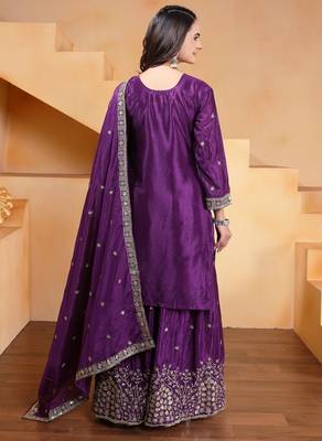 Purple festive wear designer chinon sequence embroidery work readymade suit 2