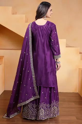 Purple festive wear designer chinon sequence embroidery work readymade suit