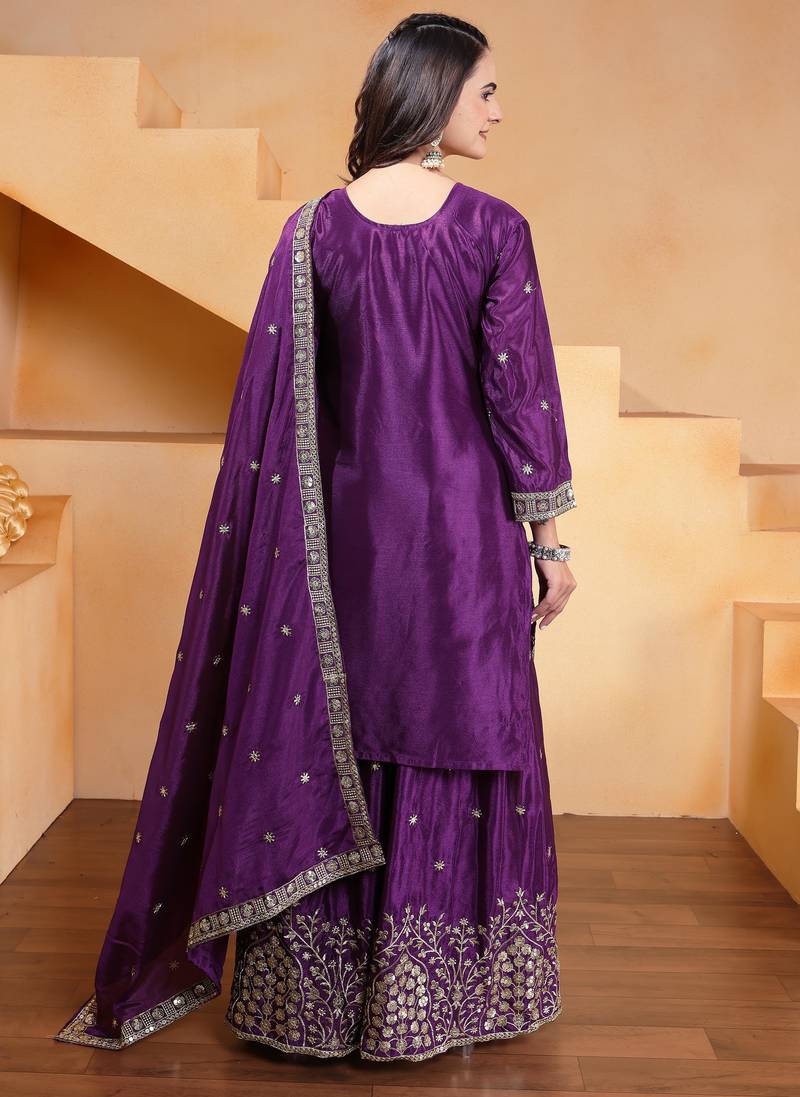Purple festive wear designer chinon sequence embroidery work readymade suit