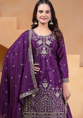 Purple festive wear designer chinon sequence embroidery work readymade suit 3
