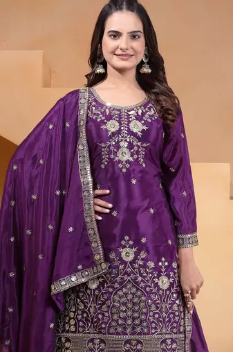 Purple festive wear designer chinon sequence embroidery work readymade suit