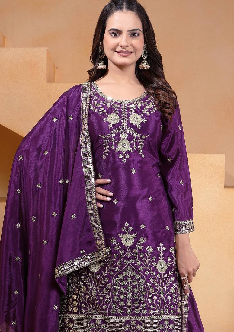 Purple festive wear designer chinon sequence embroidery work readymade suit