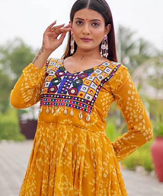 Yellow festive wear designer faux georgette embroidery thread work with real mirror & codi lace readymade suit 4