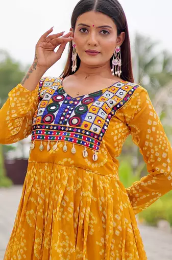 Yellow festive wear designer faux georgette embroidery thread work with real mirror & codi lace readymade suit