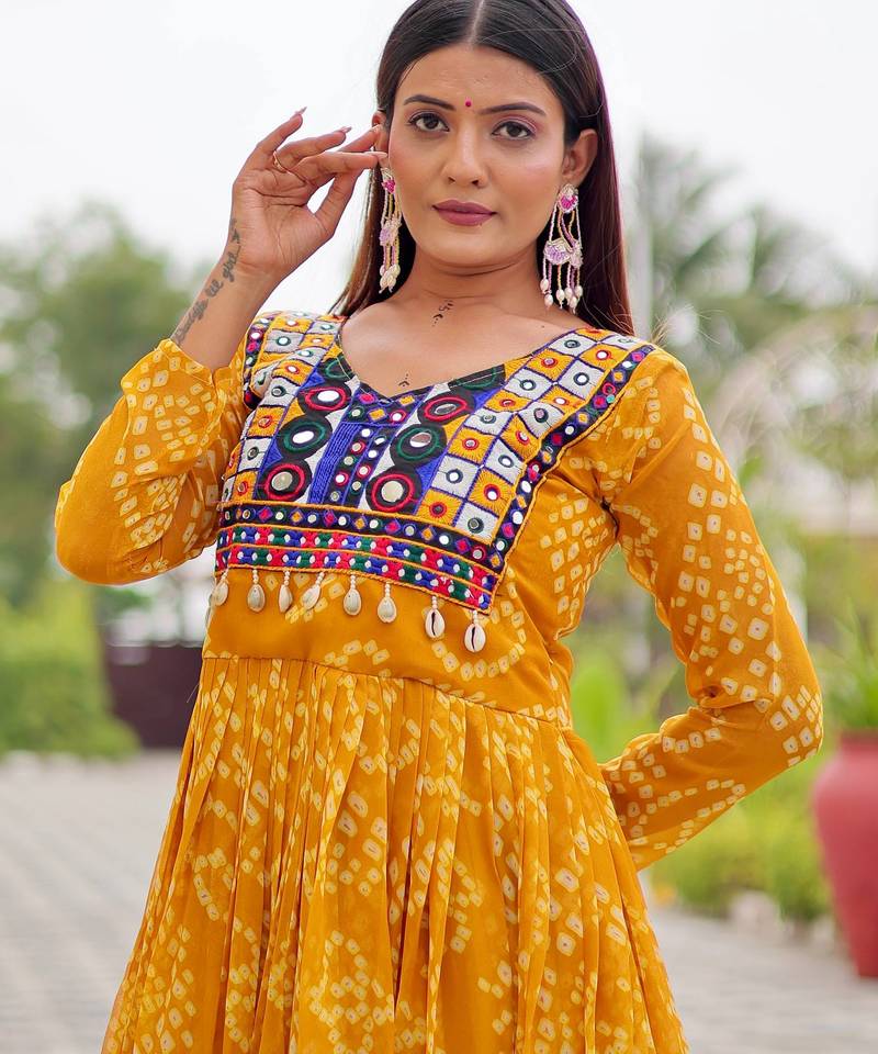 Yellow festive wear designer faux georgette embroidery thread work with real mirror & codi lace readymade suit