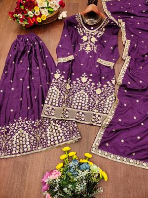 Purple festive wear designer chinon sequence embroidery work readymade suit 4