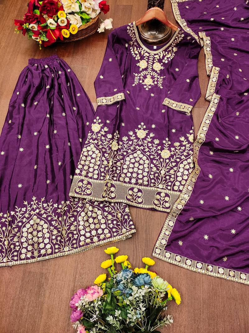 Purple festive wear designer chinon sequence embroidery work readymade suit