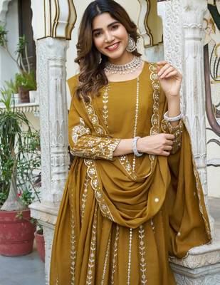 Yellow festive wear designer star georgette heavy 7mm sequence embroidery work readymade suit 3