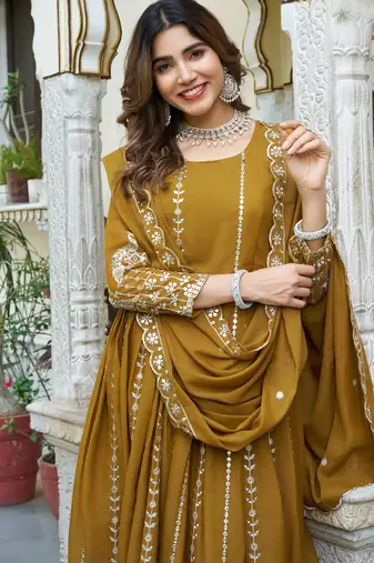 Yellow festive wear designer star georgette heavy 7mm sequence embroidery work readymade suit