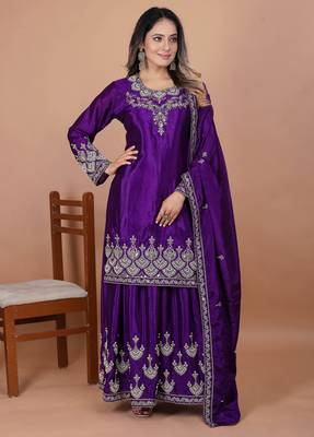 Purple festive wear designer chinon coding sequence embroidery work & rivet moti work  readymade suit 1