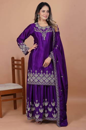 Purple festive wear designer chinon coding sequence embroidery work & rivet moti work  readymade suit