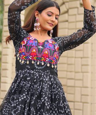 Black festive wear designer faux georgette embroidery thread work with real mirror & codi lace readymade suit 4