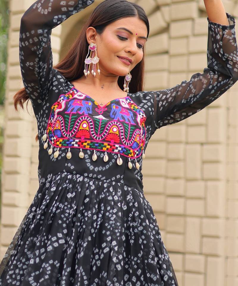 Black festive wear designer faux georgette embroidery thread work with real mirror & codi lace readymade suit