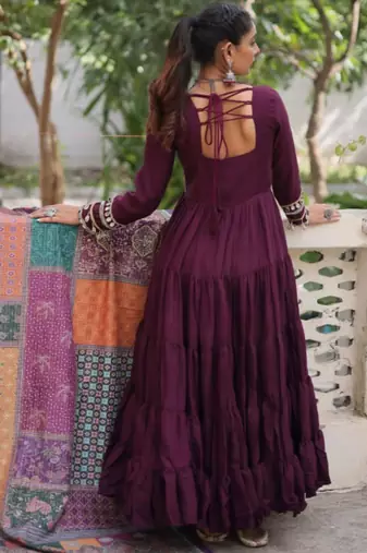 Wine festive wear designer roman mirror lace & dori jal lace work readymade suit