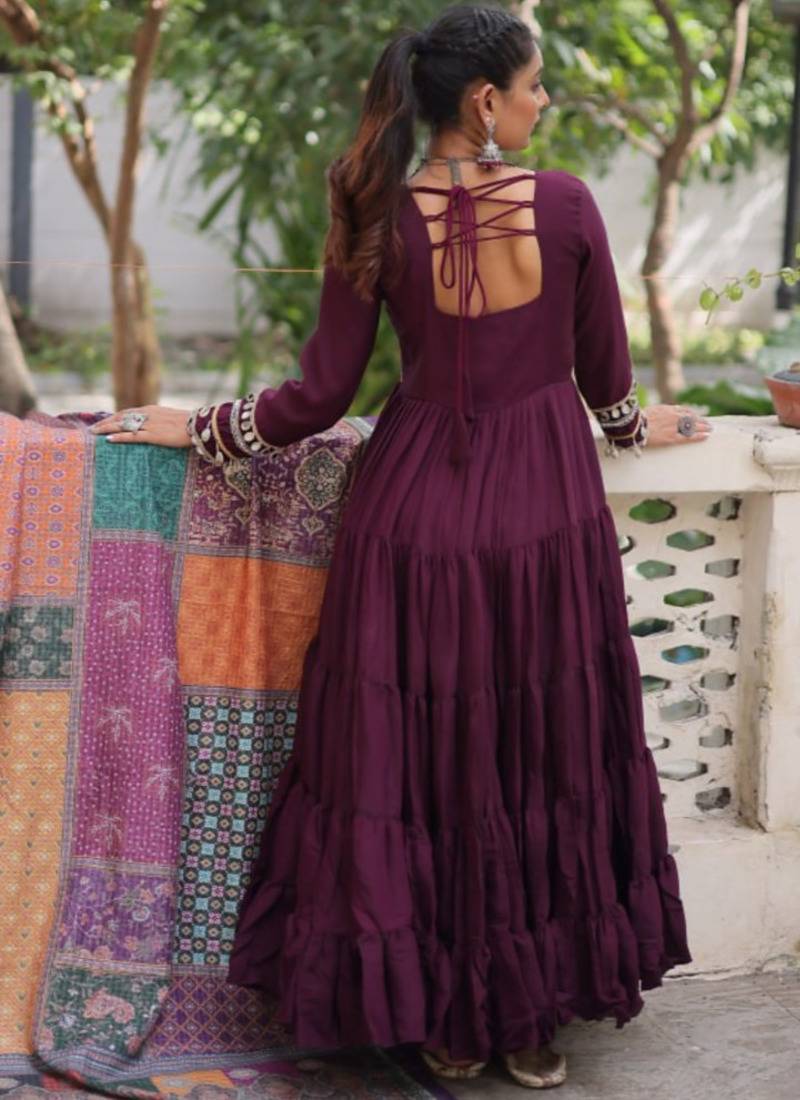 Wine festive wear designer roman mirror lace & dori jal lace work readymade suit
