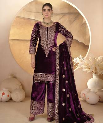 Wine festive wear designer pure heavy viscose velvet heavy embroidery coding sequence work readymade suit 1