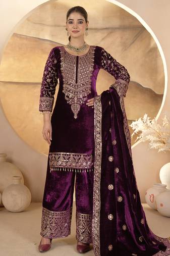 Wine festive wear designer pure heavy viscose velvet heavy embroidery coding sequence work readymade suit