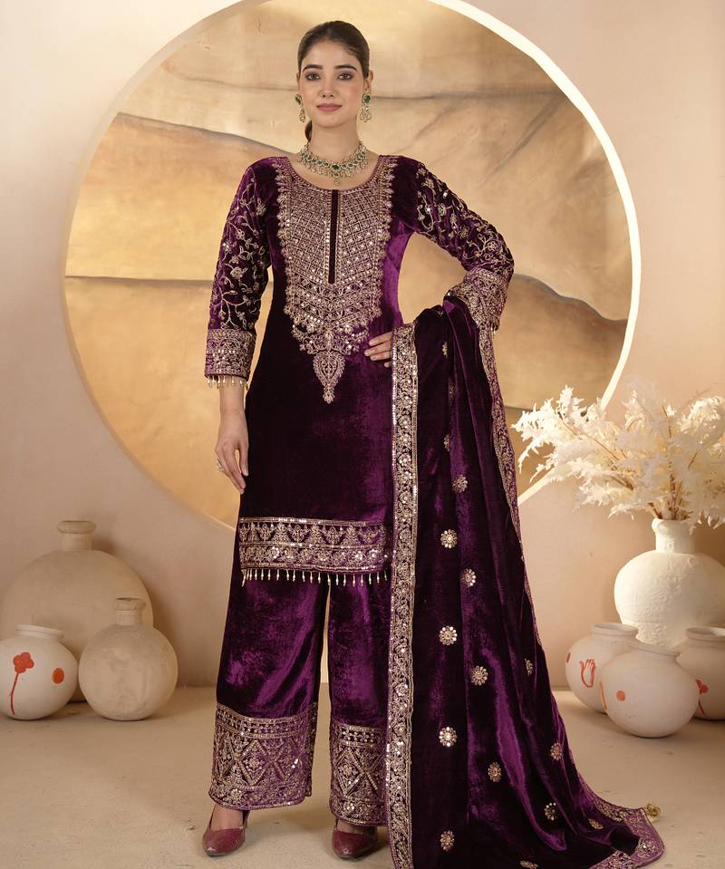 Wine festive wear designer pure heavy viscose velvet heavy embroidery coding sequence work readymade suit