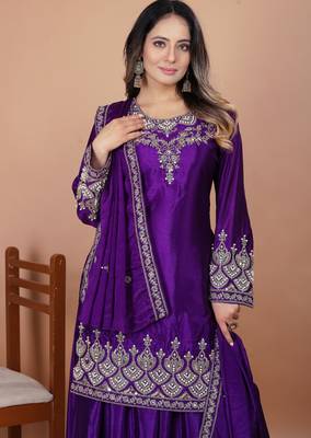 Purple festive wear designer chinon coding sequence embroidery work & rivet moti work  readymade suit 3
