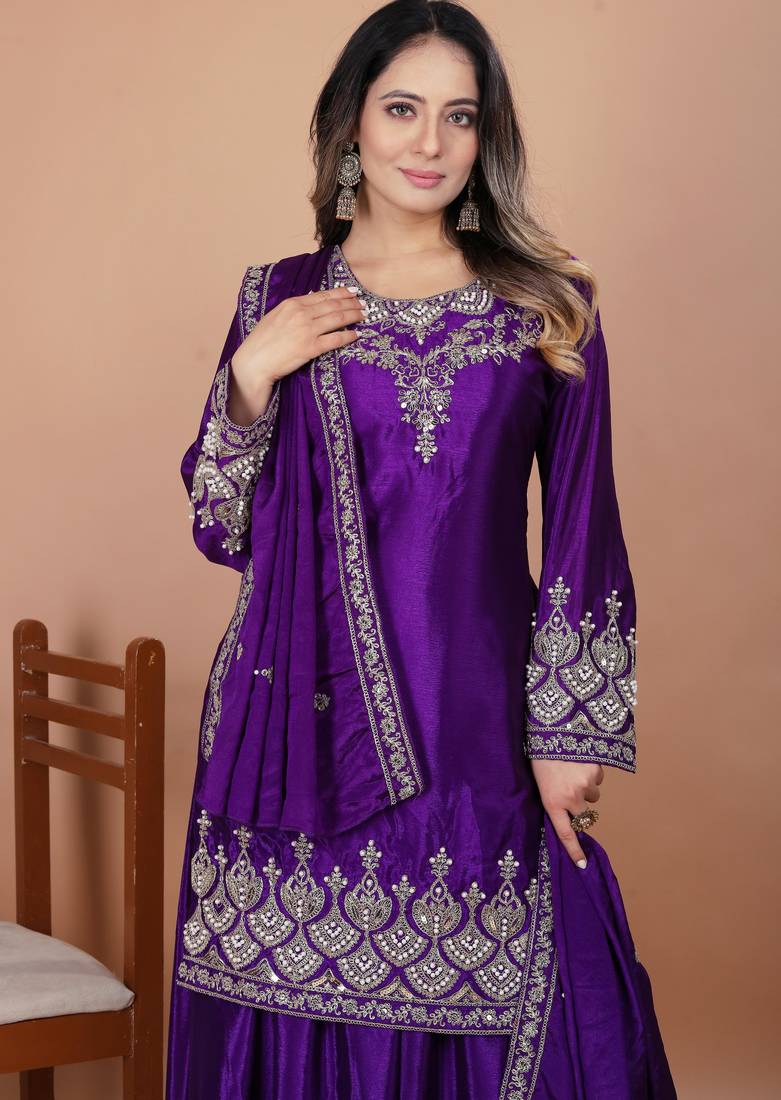Purple festive wear designer chinon coding sequence embroidery work & rivet moti work  readymade suit