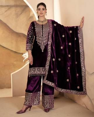 Wine festive wear designer pure heavy viscose velvet heavy embroidery coding sequence work readymade suit 2
