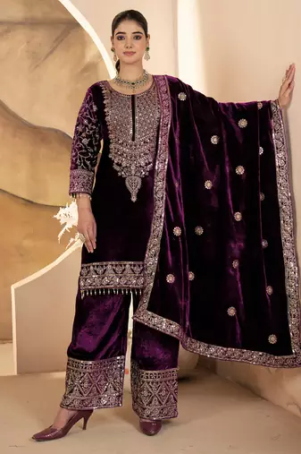 Wine festive wear designer pure heavy viscose velvet heavy embroidery coding sequence work readymade suit