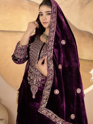 Wine festive wear designer pure heavy viscose velvet heavy embroidery coding sequence work readymade suit 3